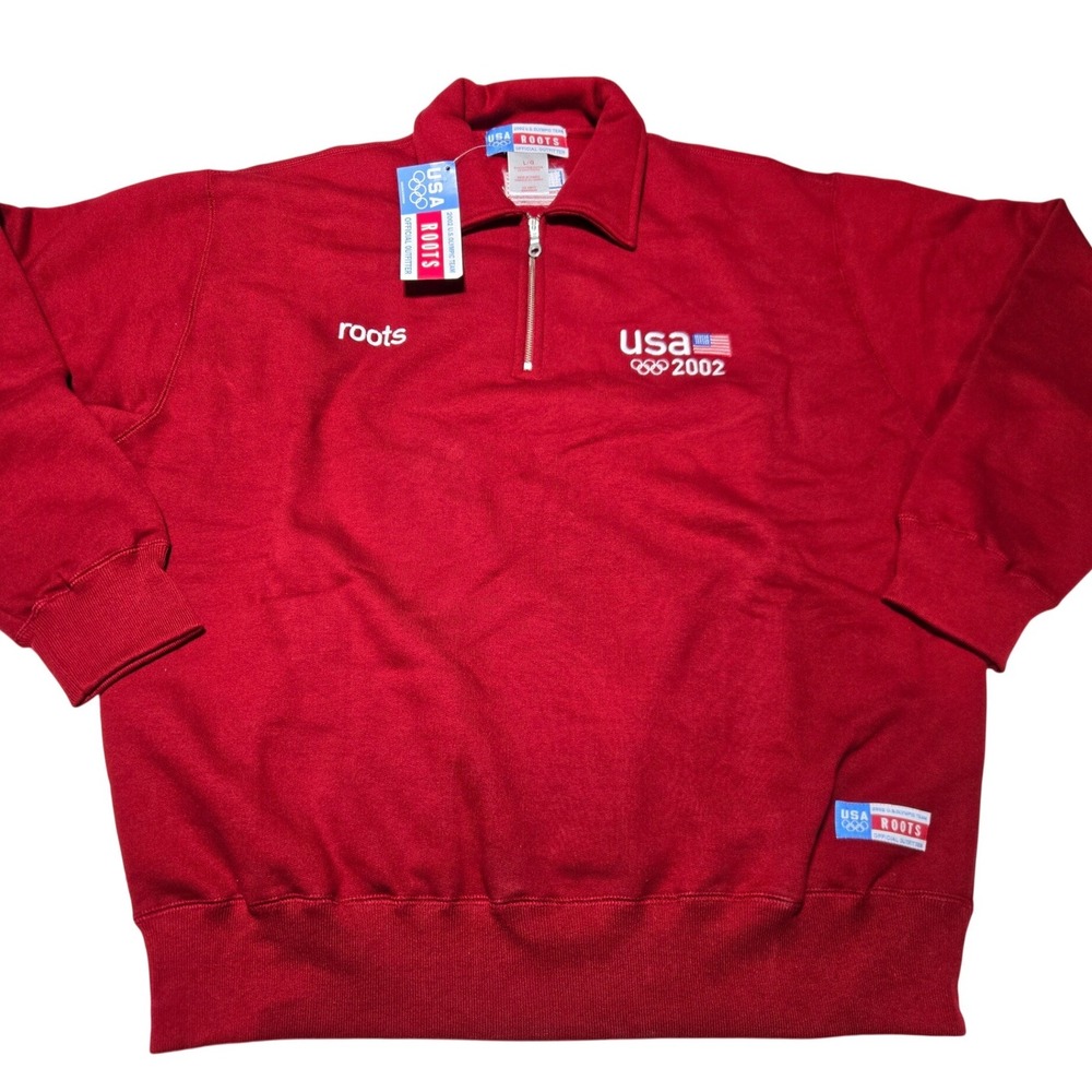 Roots 2002 US Olympic Team Quarter Zip Sweatshirt Red Men's Large NWT USA‎